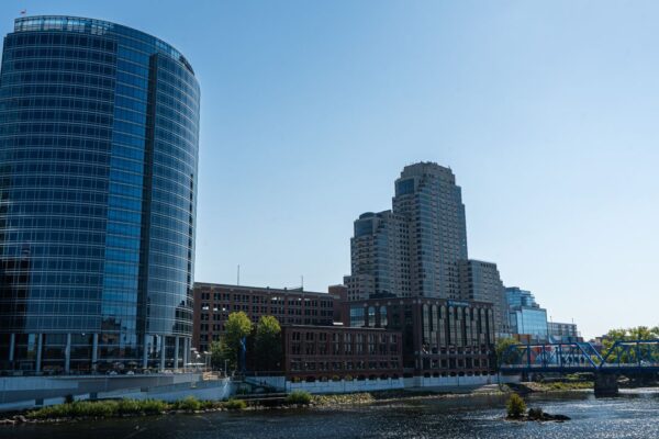 Downtown Grand Rapids skyline with the Blue Bridge over the river