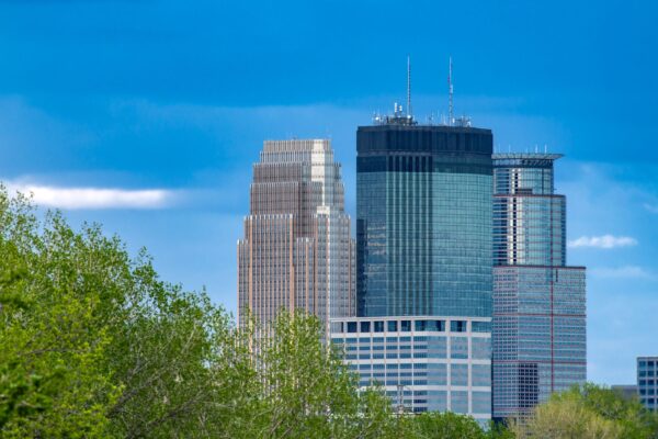 Minneapolis skyscrapers framed by greenery under a blue sky