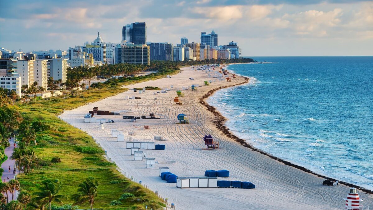 Aerial view of Miami Beach skyline and ocean in summer
