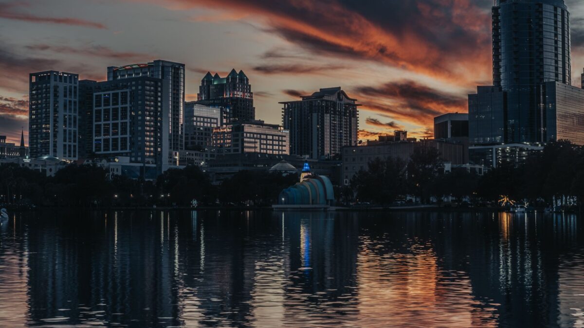 Orlando, Florida skyline with Lake Eola at sunset