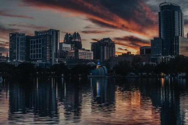 Orlando, Florida skyline with Lake Eola at sunset