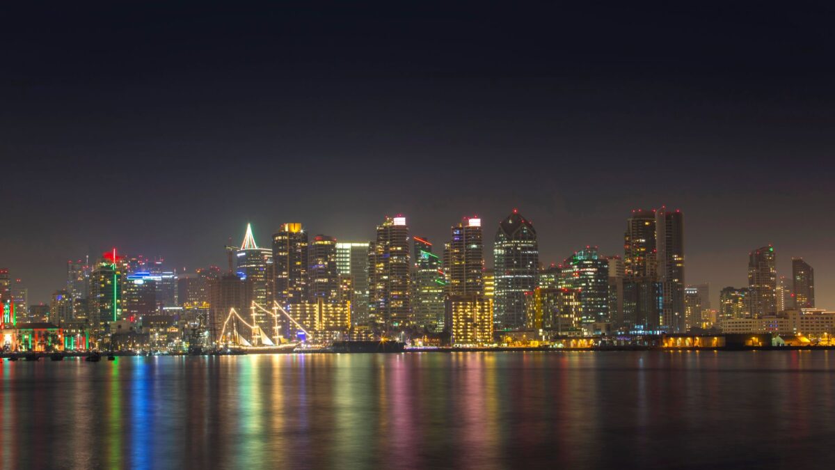 San Diego California skyline and bay at sunset