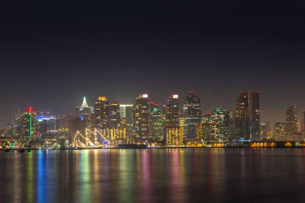 San Diego California skyline and bay at sunset