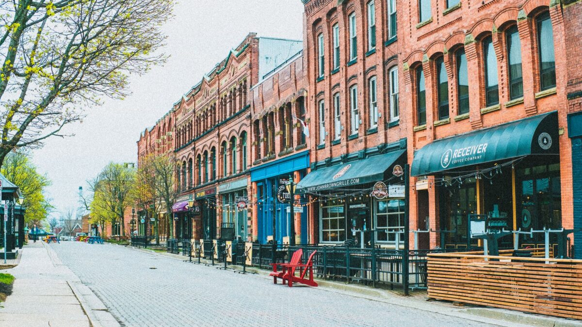 Charming small-town main street with brick buildings and cafes in New York state