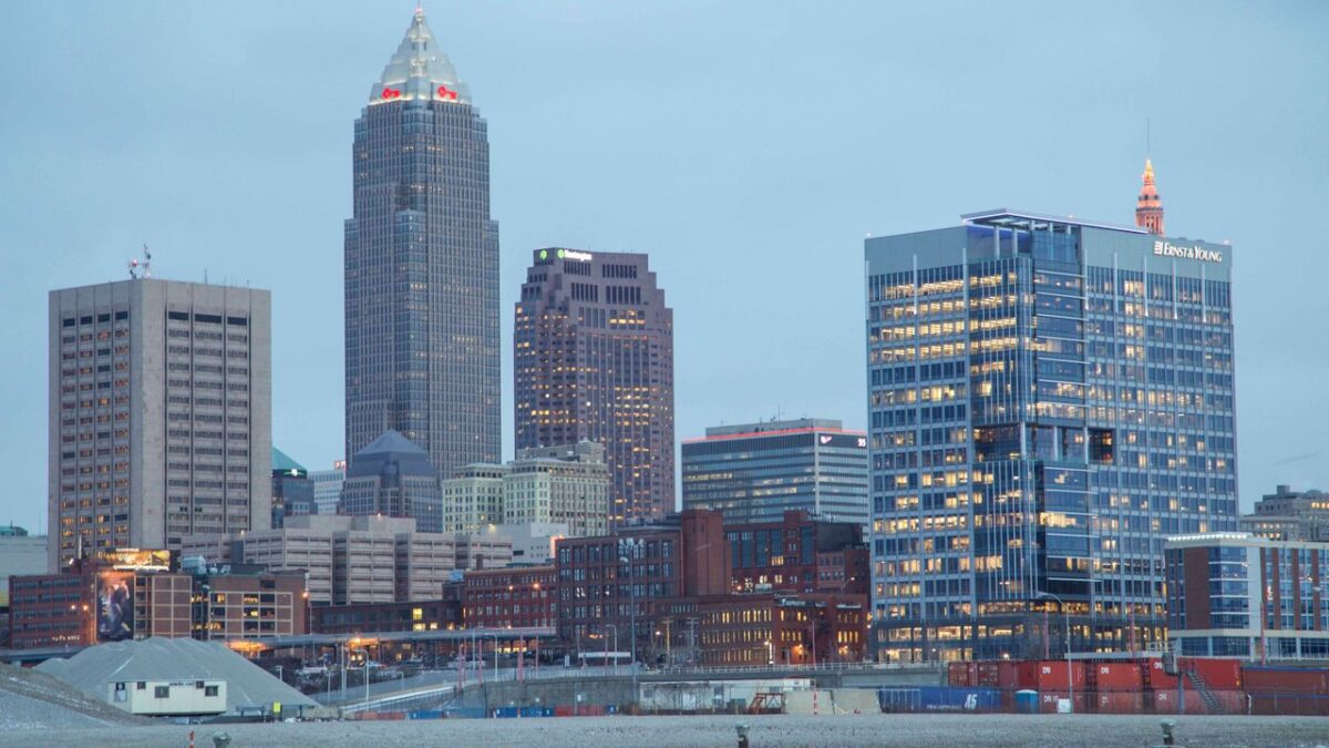 Cleveland downtown skyline at dusk — Cleveland tops Ohio's violent crime ranking