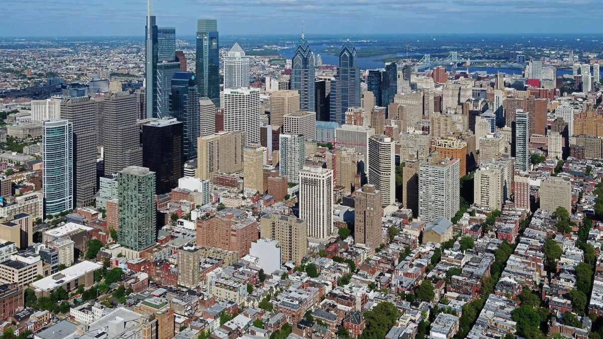 Philadelphia skyline and historic rowhouse neighborhoods