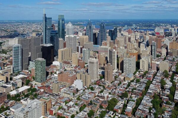 Philadelphia skyline and historic rowhouse neighborhoods