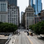 Downtown streets of an Illinois city at dusk