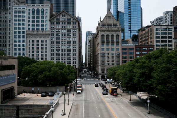 Downtown streets of an Illinois city at dusk