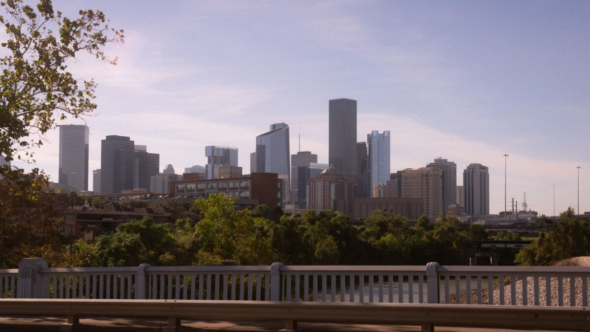 Downtown Houston, Texas skyline with greenery in the foreground