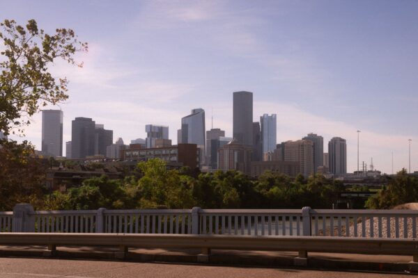 Downtown Houston, Texas skyline with greenery in the foreground
