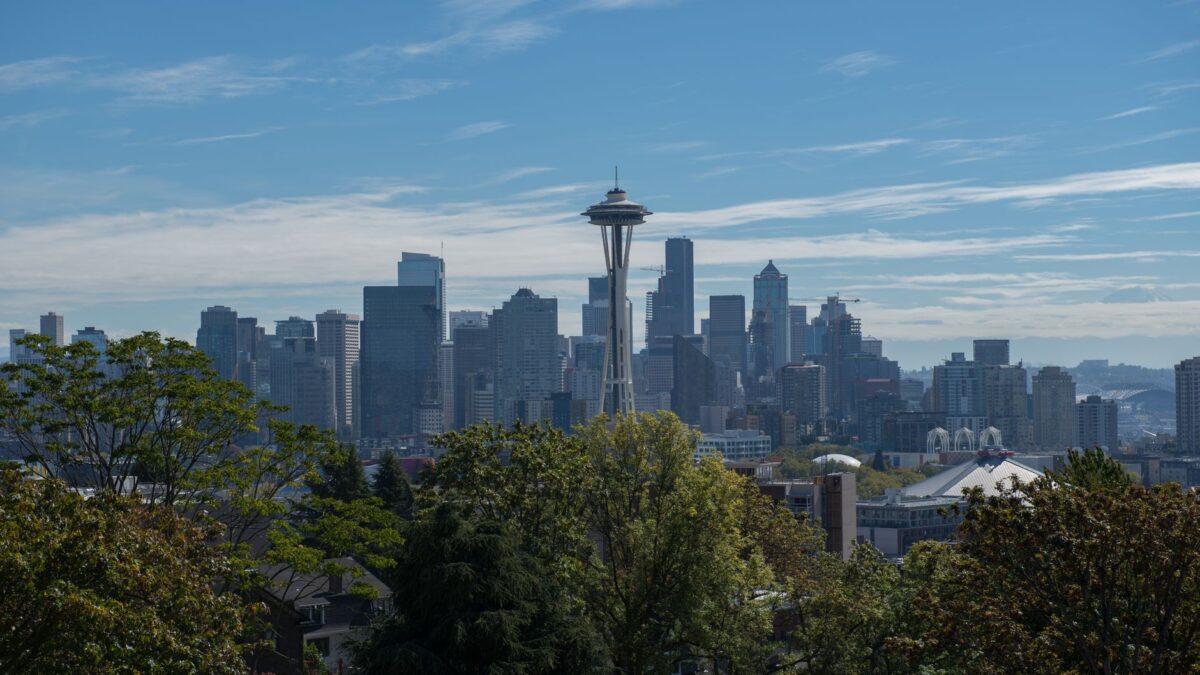 Seattle, Washington skyline at dusk with Space Needle and downtown towers