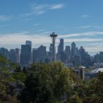 Seattle, Washington skyline at dusk with Space Needle and downtown towers