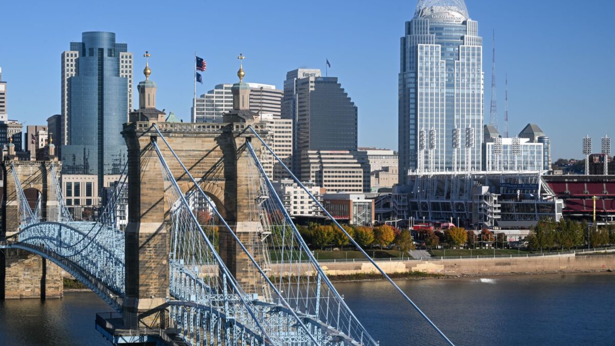 Cincinnati Ohio skyline and Ohio River at dusk
