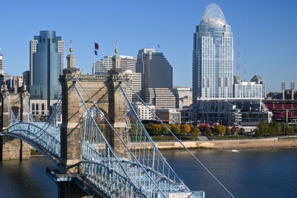 Cincinnati Ohio skyline and Ohio River at dusk