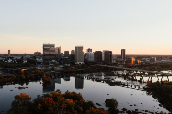 Richmond, Virginia skyline along the James River at dusk