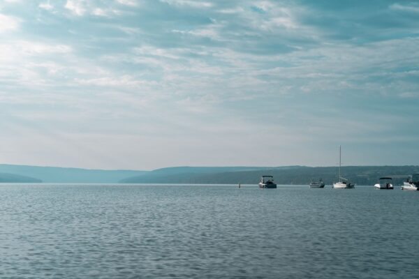 Boats on a calm Finger Lakes lake in upstate New York