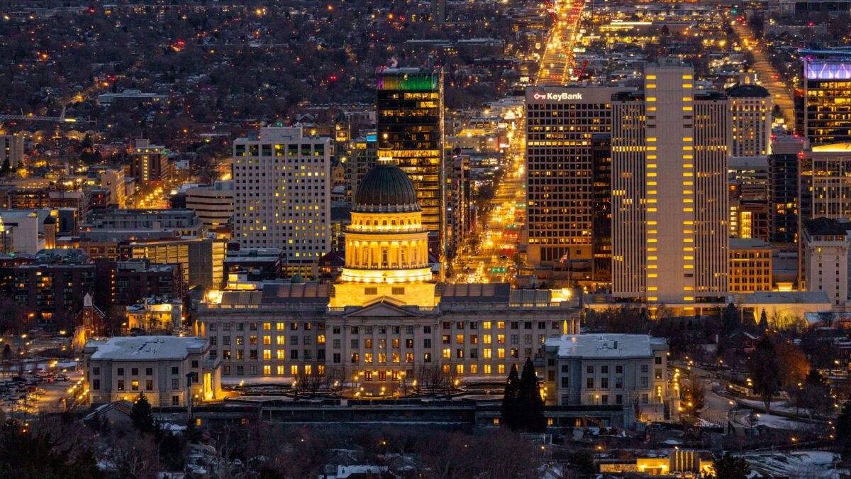 Aerial view of the Salt Lake City skyline featuring the Utah State Capitol