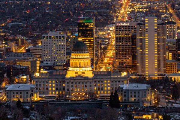 Aerial view of the Salt Lake City skyline featuring the Utah State Capitol