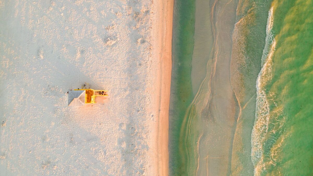 Siesta Key beach with lifeguard tower and turquoise water, Sarasota Florida