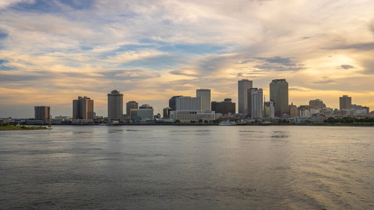 Riverfront skyline at sunset