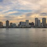 Riverfront skyline at sunset