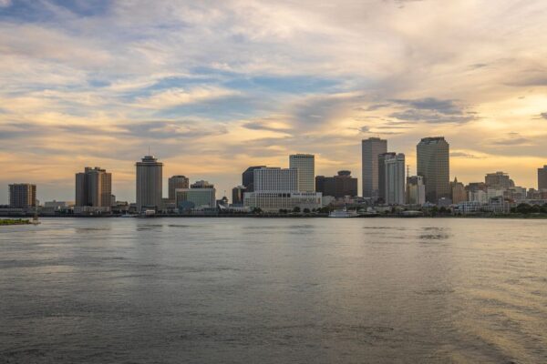 Riverfront skyline at sunset