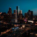 Aerial view of downtown Houston skyline at night