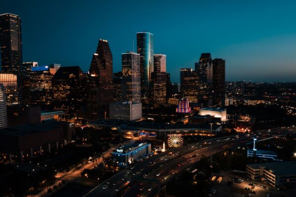 Aerial view of downtown Houston skyline at night