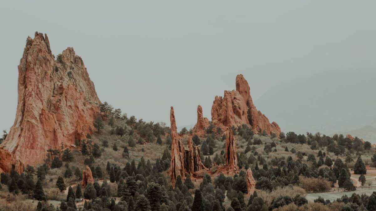 Garden of the Gods red sandstone formations with Pikes Peak in the background, Colorado Springs